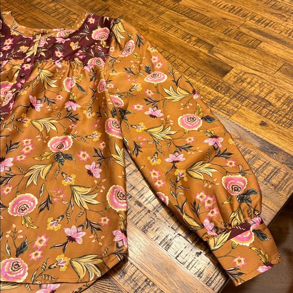LOFT Floral Blouse Mustard Burgundy Long Sleeves Women's Small - Picture 8 of 14
